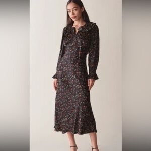 Doen Black Floral Long-Sleeve Midi Dress